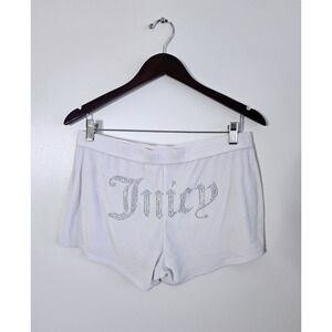 Juicy Couture White Velour Shorts Large Rhinestone Logo Y2K Lounge Activewear